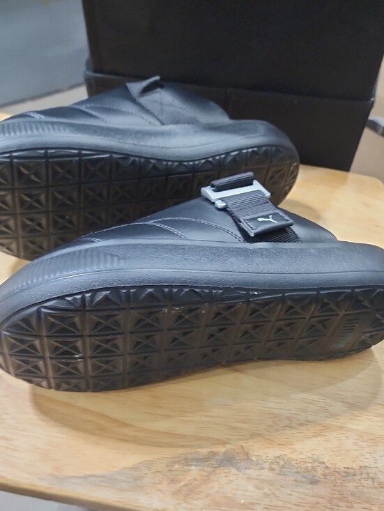 Puma Men’s Black Leather-Look Slide Clogs with Buckle Strap